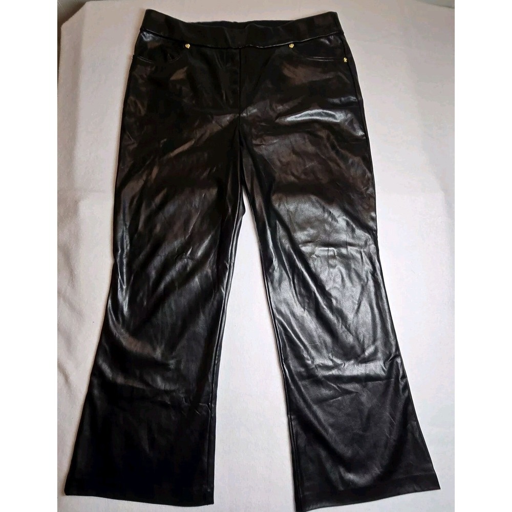 Y2K Michael Kors Black Faux Leather Lined Pants Womens Large Crop Kick Flare - Picture 2 of 16